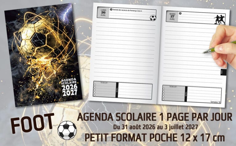 agenda scolaire foot 2026 2027 journalier garçon football foot 1 ce2 cm1 cm2 6è 5è 4è 3è collège primaire lycée fan de foot