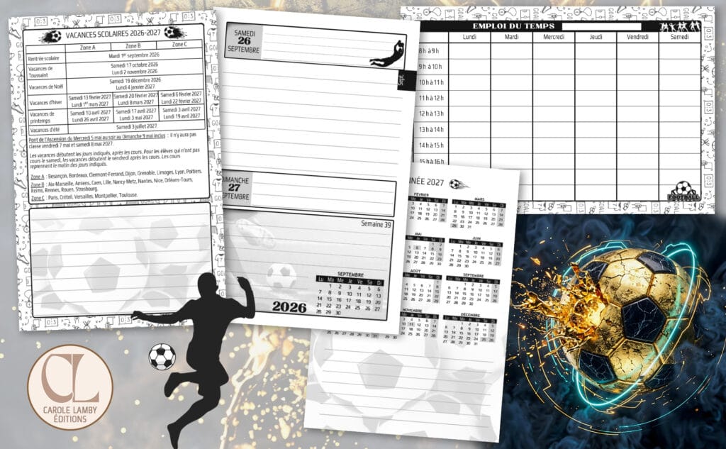 agenda scolaire foot 2026 2027 journalier garçon football foot 2 ce2 cm1 cm2 6è 5è 4è 3è collège primaire lycée fan de foot