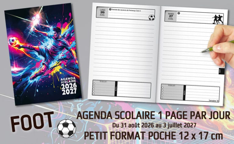 agenda scolaire foot 2026 2027 journalier garçon football foot 1 ce2 cm1 cm2 6è 5è 4è 3è collège primaire lycée fan de foot