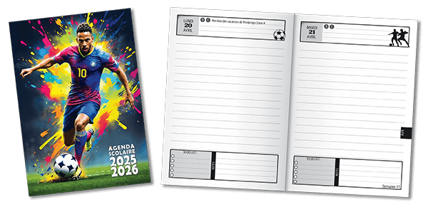 agenda scolaire foot 2025 2026 football garcon CE2 CM1 CM2 primaire collège 6è 5è 4è 3è lycée étudiant fan de foot journalier une page par jour petit format poche A6 12x17 cm Rentrée scolaire fournitures 2025