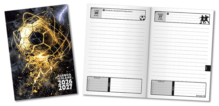 agenda scolaire foot 2026 2027 football 1 page jour petit format poche 12x17 garçon primaire collège ce2 cm1 cm2 6è 5è 4è 3è JOURNALIER