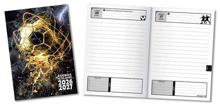 agenda scolaire foot 2026 2027 football 1 page jour petit format poche 12x17 garçon primaire collège ce2 cm1 cm2 6è 5è 4è 3è JOURNALIER