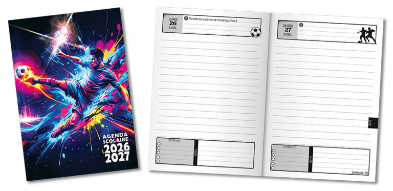 agenda scolaire foot 2026 2027 football 1 page jour petit format poche 12x17 garçon primaire collège ce2 cm1 cm2 6è 5è 4è 3è JOURNALIER