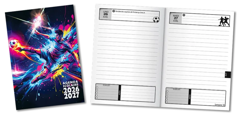 agenda scolaire foot 2026 2027 football 1 page jour petit format poche 12x17 garçon primaire collège ce2 cm1 cm2 6è 5è 4è 3è JOURNALIER